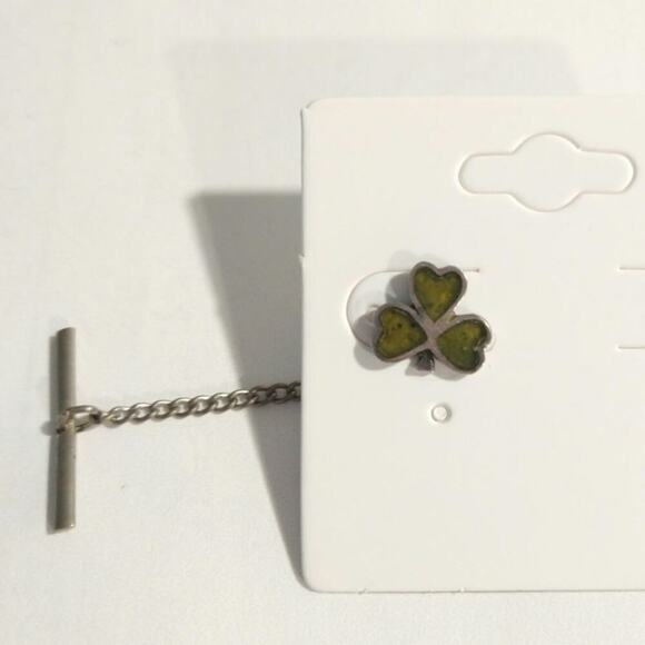 Shamrock Tie Tack 925 Sterling Silver With Green Enamel Vintage Irish Clover - Picture 3 of 11